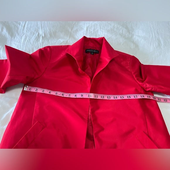 Lafayette 148 | SZ 6 Petite Red 100% Silk Blazer Jacket | Open Front 3/4 Sleeve - Picture 4 of 10